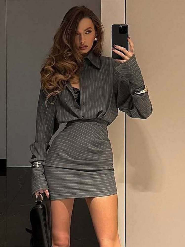 Chic Pinstripe Blouse and Skirt Set image 1