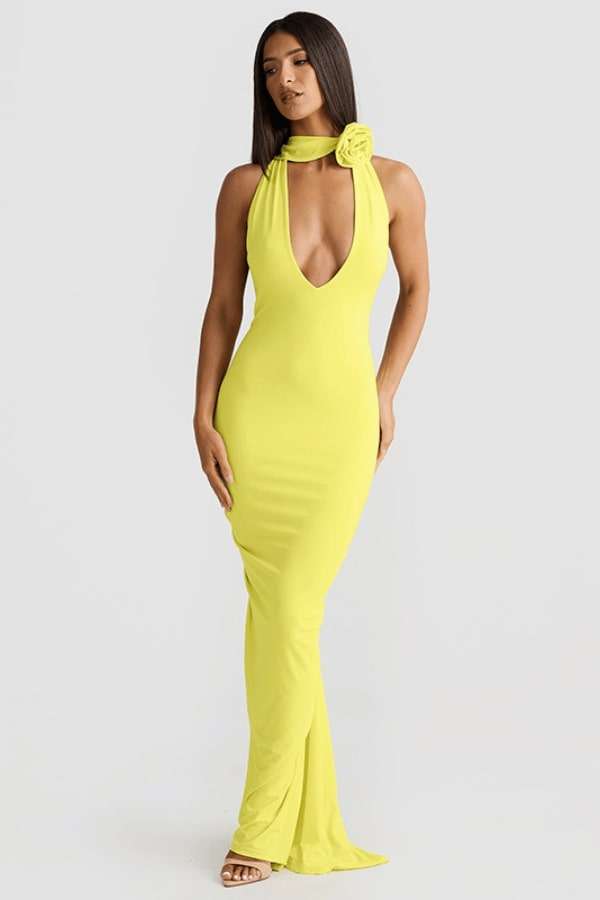 Radiant Rose Halter Maxi Dress - S, Yellow image