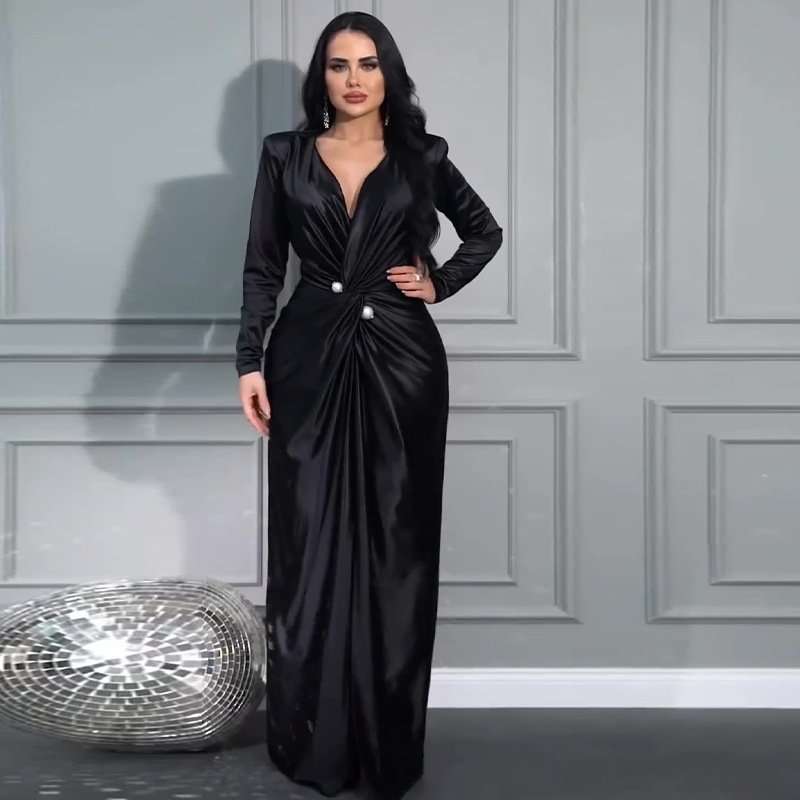 V-Neck Pleated Evening Gown - L, Black image