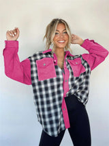 Colorblock Plaid Button-Up Shirt - L, Rose image
