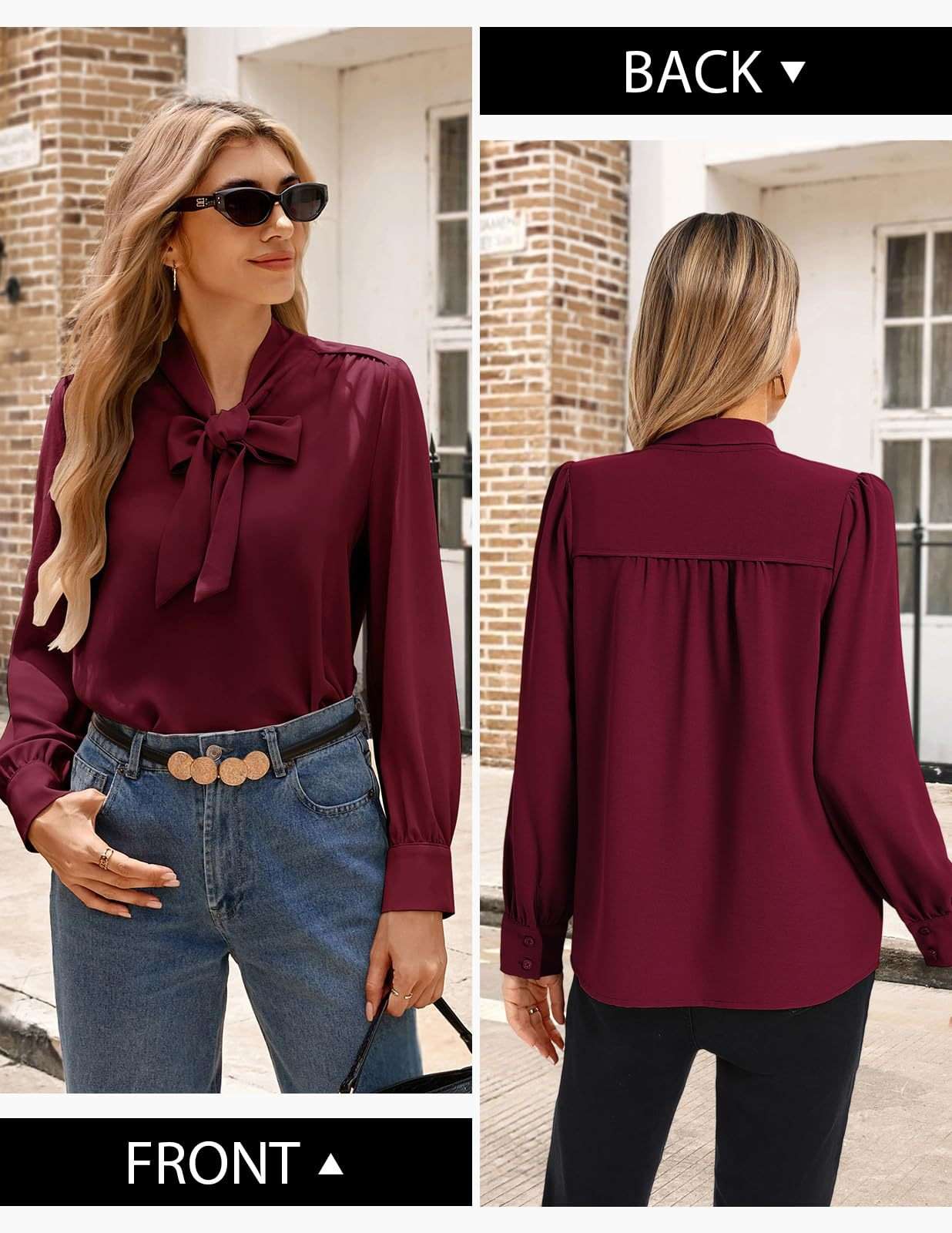 Long-Sleeve Blouse with Bow Tie Neck image 2