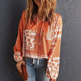 Bohemian Style Patchwork Print Top - S, Orange image
