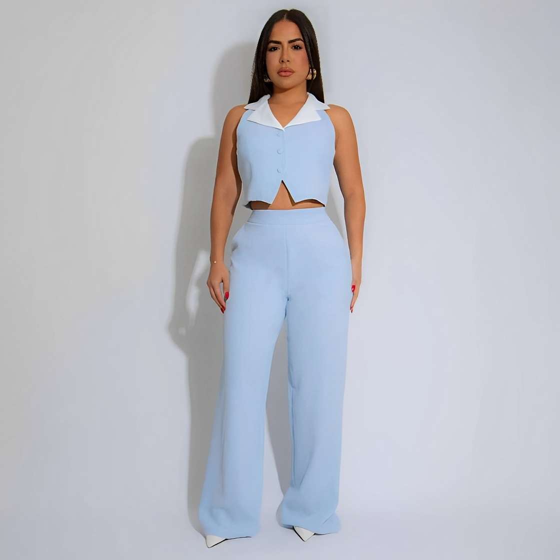Sleeveless Top & Wide-Leg Pants Suit Set - M, Blue image