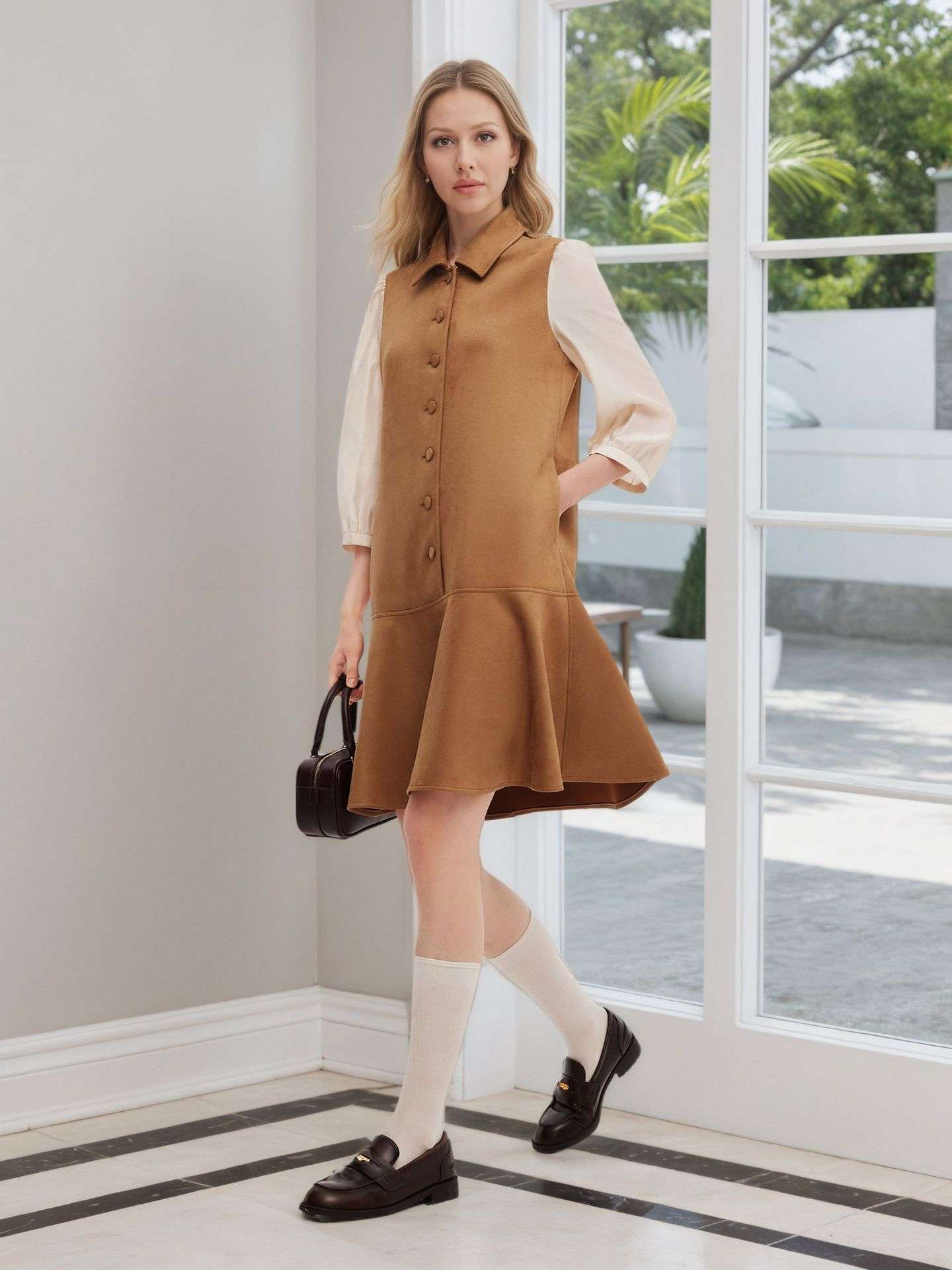 Button-Front Dress with White Sleeve Detail image 2