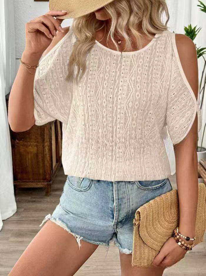 Cold Shoulder Lace Top - S, Beige image