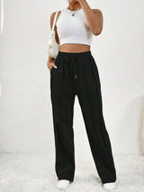 Casual Drawstring Waist Pleated Sweatpants - M, Black image