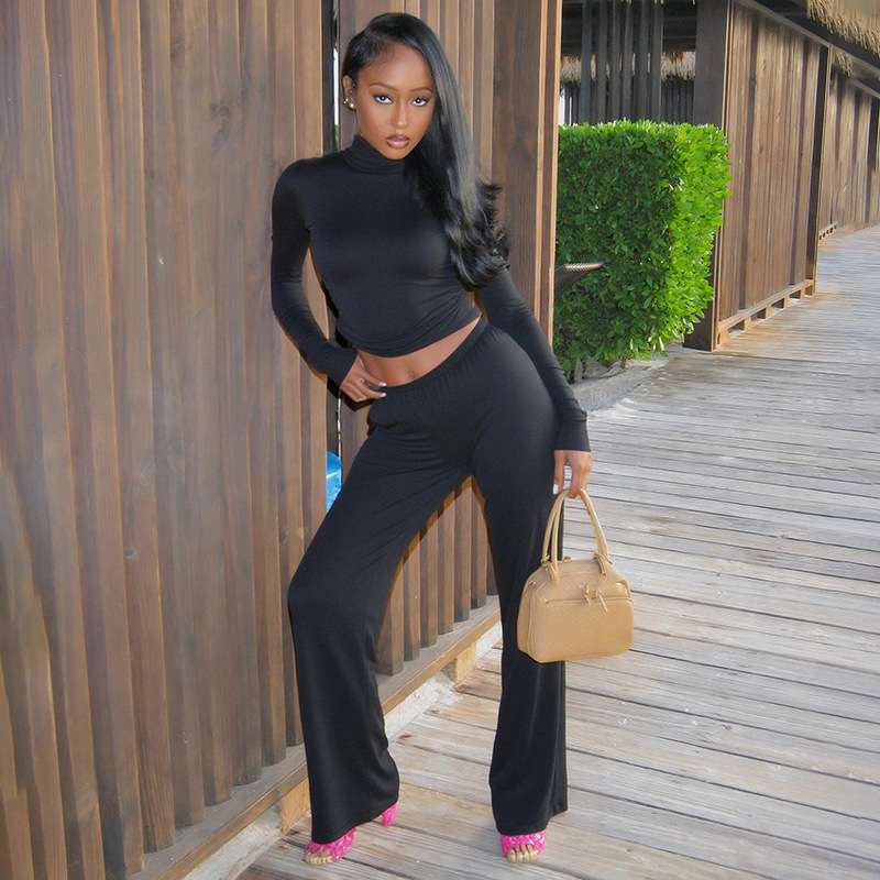 Turtleneck Top & Wide-Leg Pants Set - L, Black image