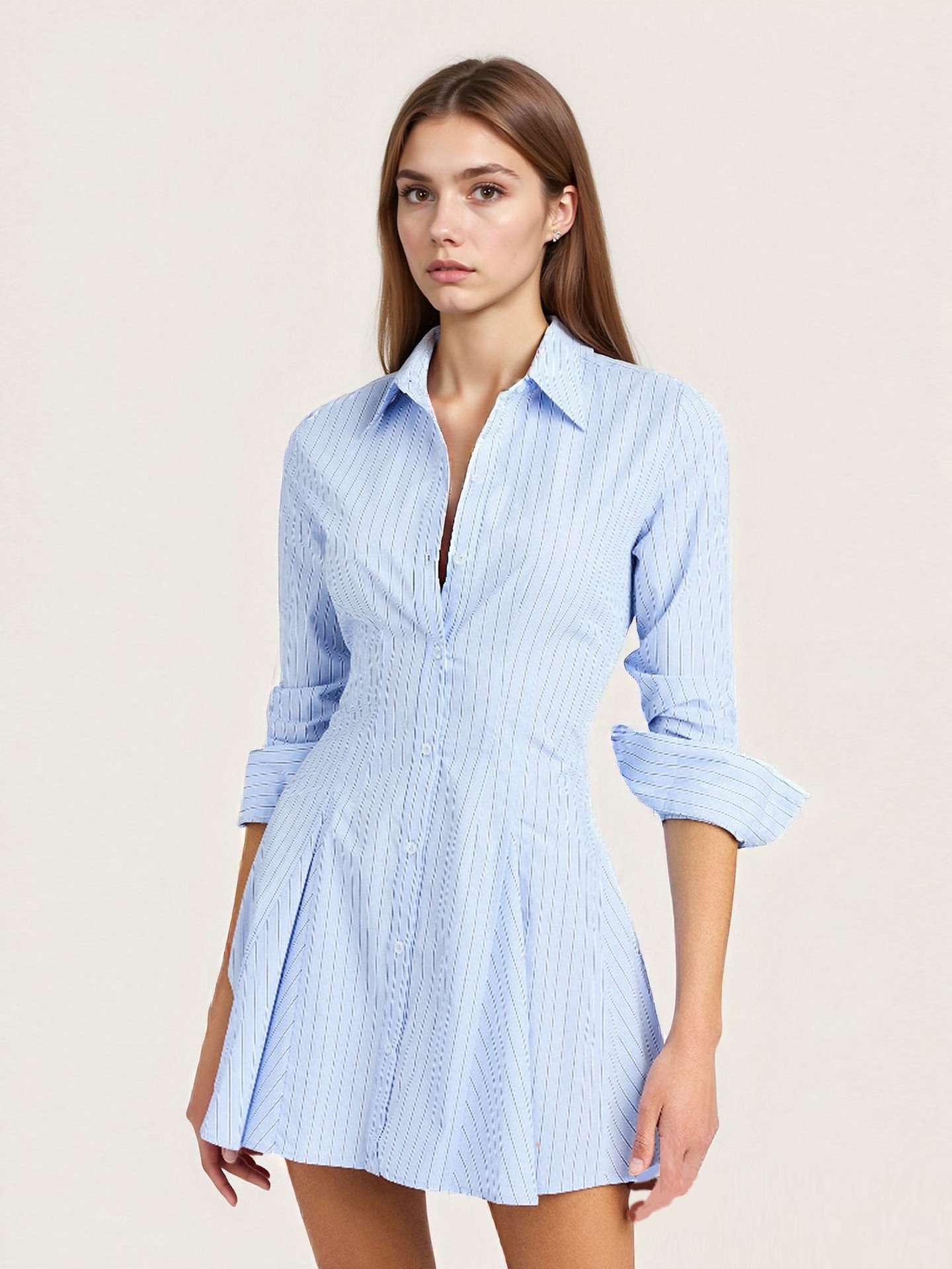 Pinstripe Shirt Dress with Pleated Skirt image 6