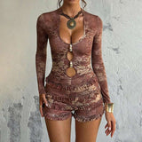 Elegant Ruffled Lace Two-Piece Set - M, Brown image