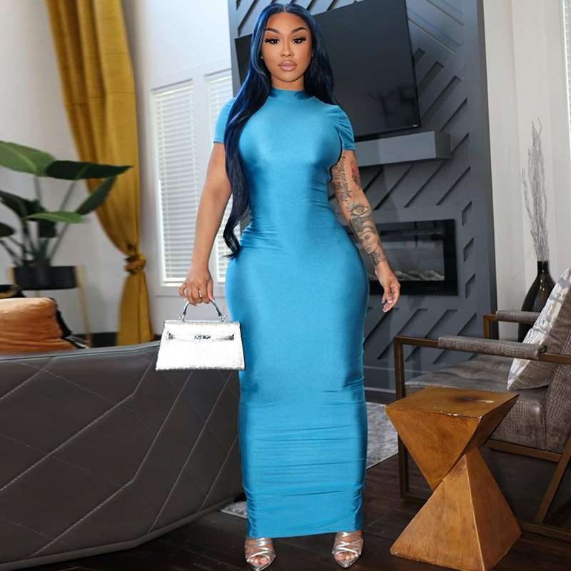 Sleek Short-Sleeve Bodycon Maxi Dress - L, Mediterranean Blue image