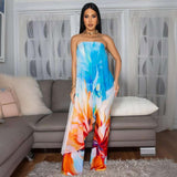 Abstract Print Strapless Top and Wide-Leg Pants - L, Multi Blue image