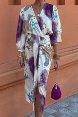 Floral-Wrap Dress with Puffed Sleeves - M, Purple image