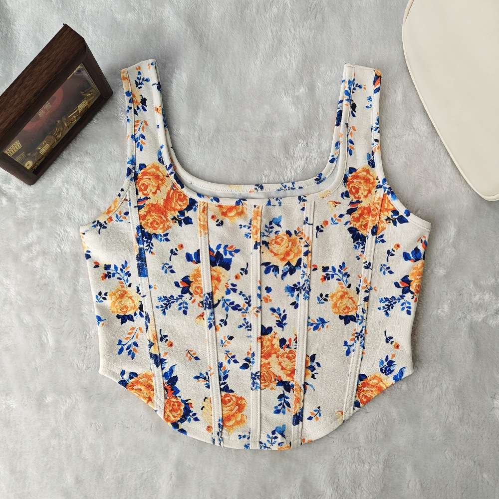 Floral Print Corset-Style Crop Top - M, Orange image
