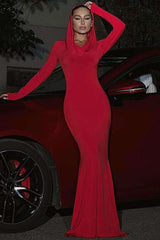 Hooded Side Slit Blue Maxi Dress - M, Red image