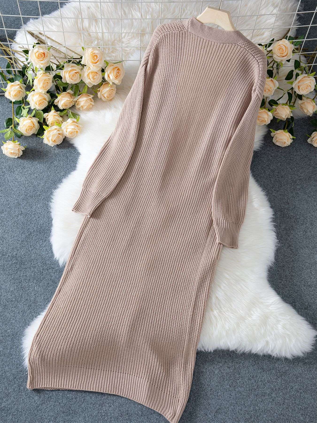 Cozy Long Knit Jacket with Pockets - L, Beige image