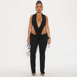 Cut-Out Deep V Neck Top & Pants - S, Black image