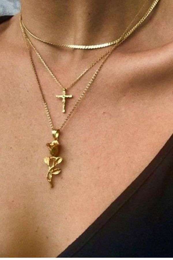 Layered Necklace Set with Cross and Leaf Pendant - Free Size, Gold image