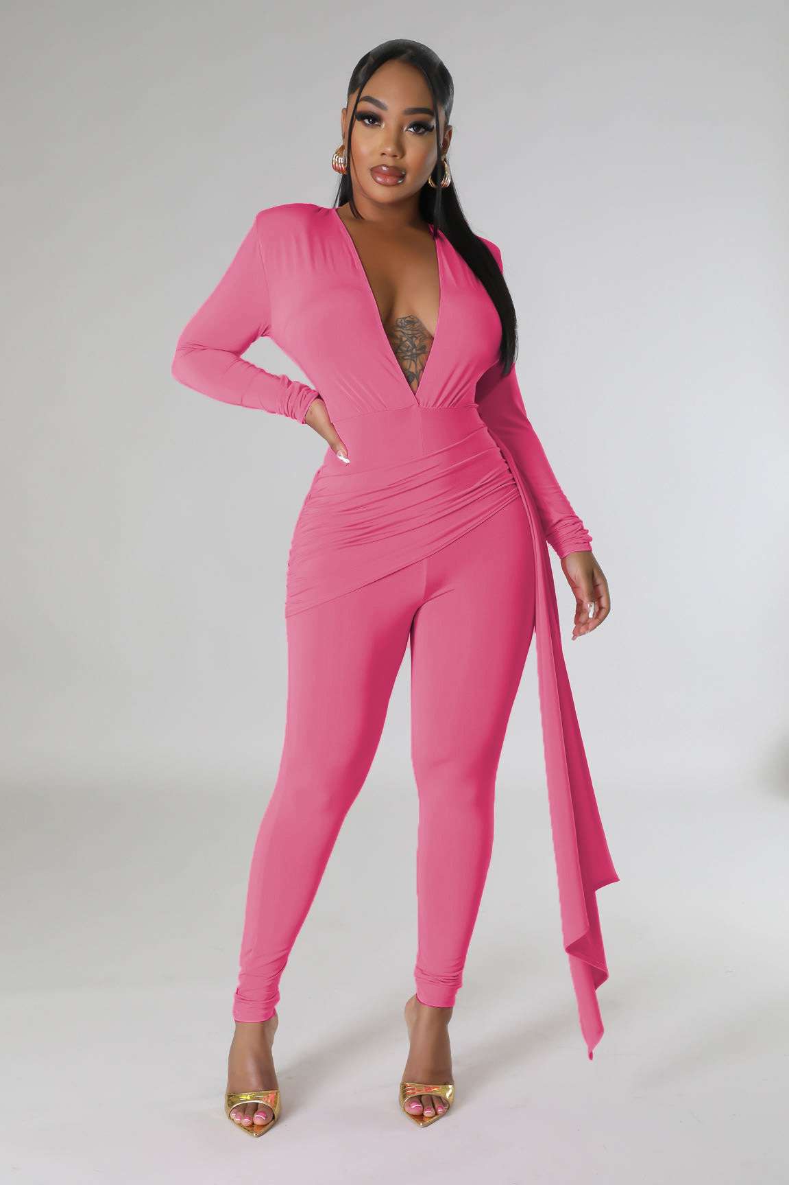 Deep V neck Jumpsuit - S, Flamingo Pink image