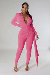 Deep V neck Jumpsuit - S, Flamingo Pink image