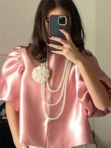 Stylish Puff-Sleeve Blouse - L, Pink image