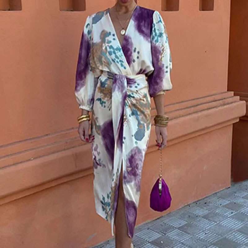 Floral-Wrap Dress with Puffed Sleeves image 4