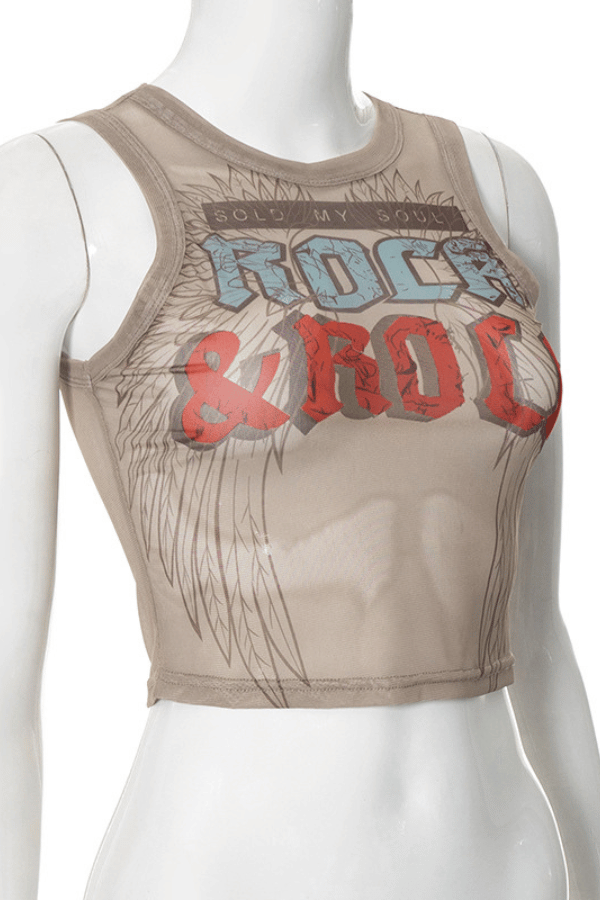 Mesh Printed Round Neck Sleeveless Cropped Tank Top image 2