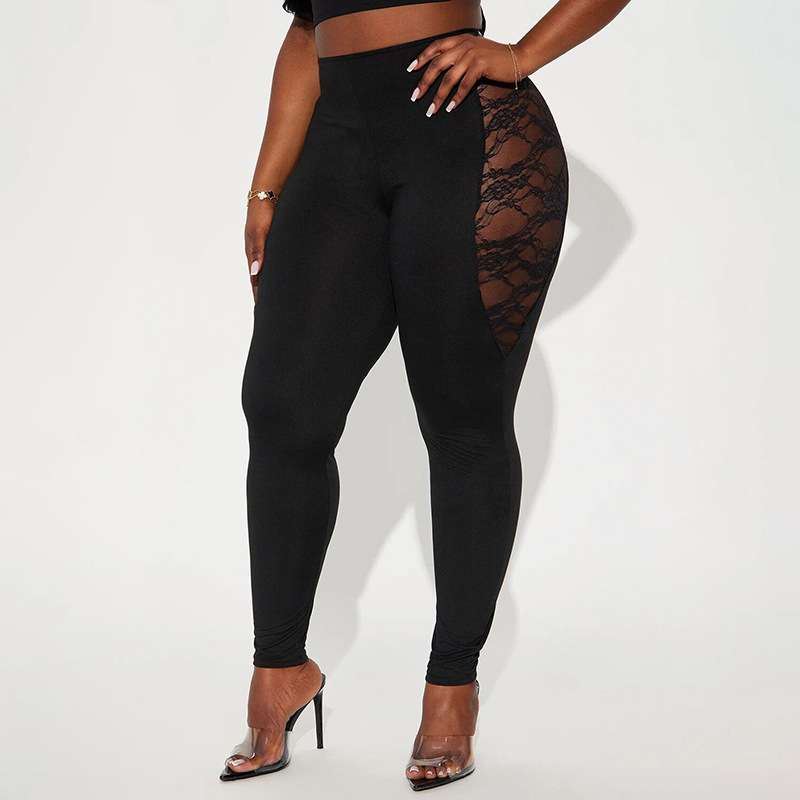 High-Waisted Leggings with Lace Side Panels - L, Black image