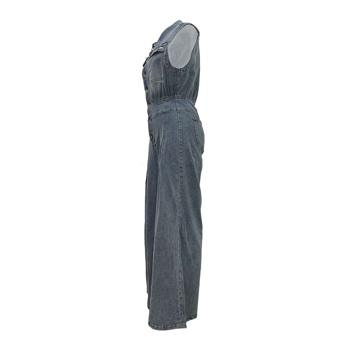 Women's Dressy Sleeveless Button Front Wide Leg Denim Jumpsuit 1 image 2