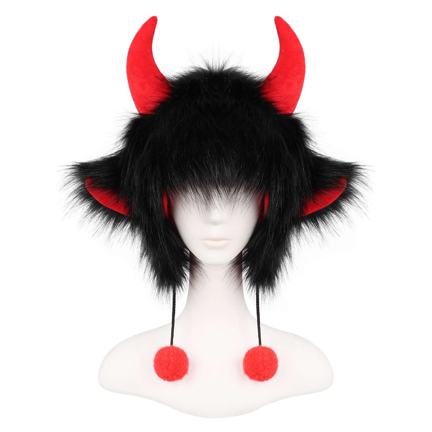 Faux Fur Demon Horn Hat with Pompoms image 0