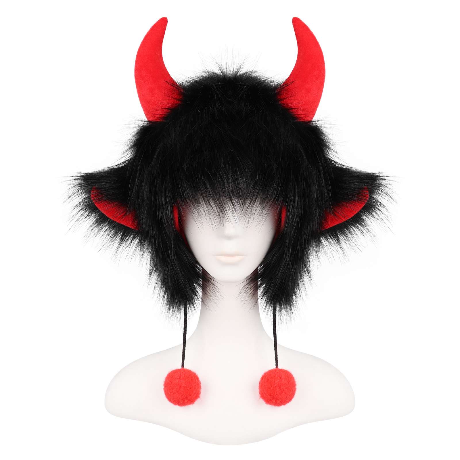 Faux Fur Demon Horn Hat with Pompoms image 0