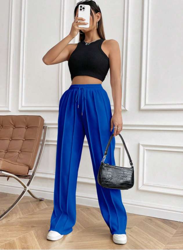 Casual Drawstring Waist Pleated Sweatpants - L, Deep Cobalt Blue image