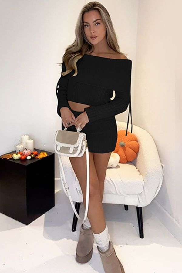 Off-shoulder Top & Short Skirt Set - L, Black image