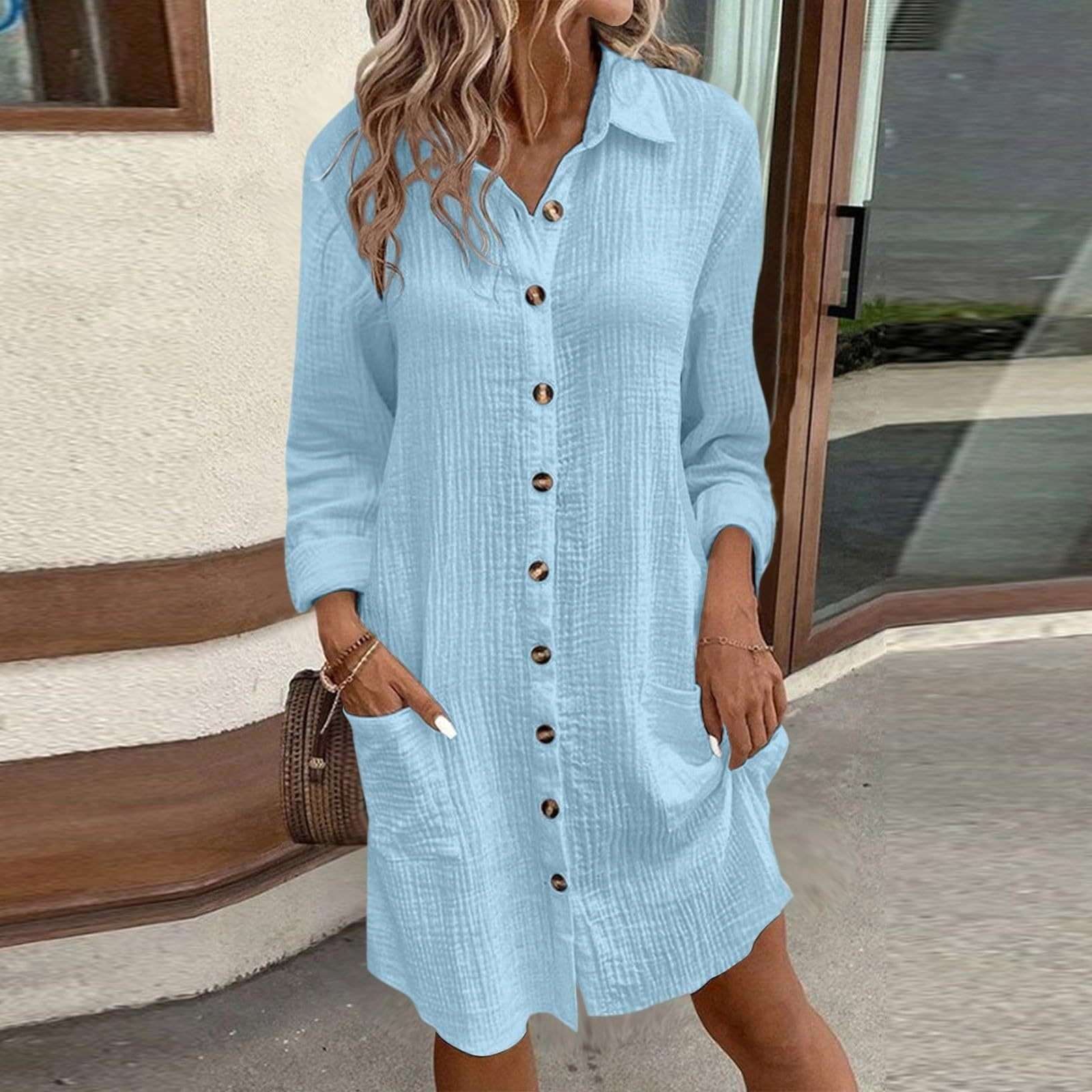 Button-Front Tunic Dress with Pockets - S, Blue image