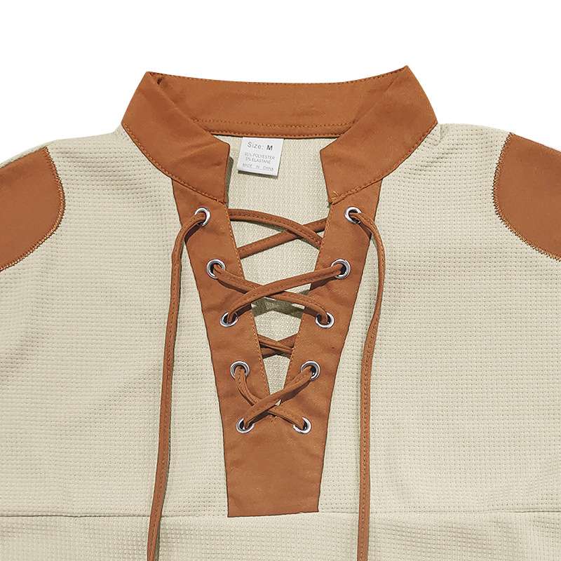 Waffle Pullover Long Sleeve Lace Up Band Collar image 6