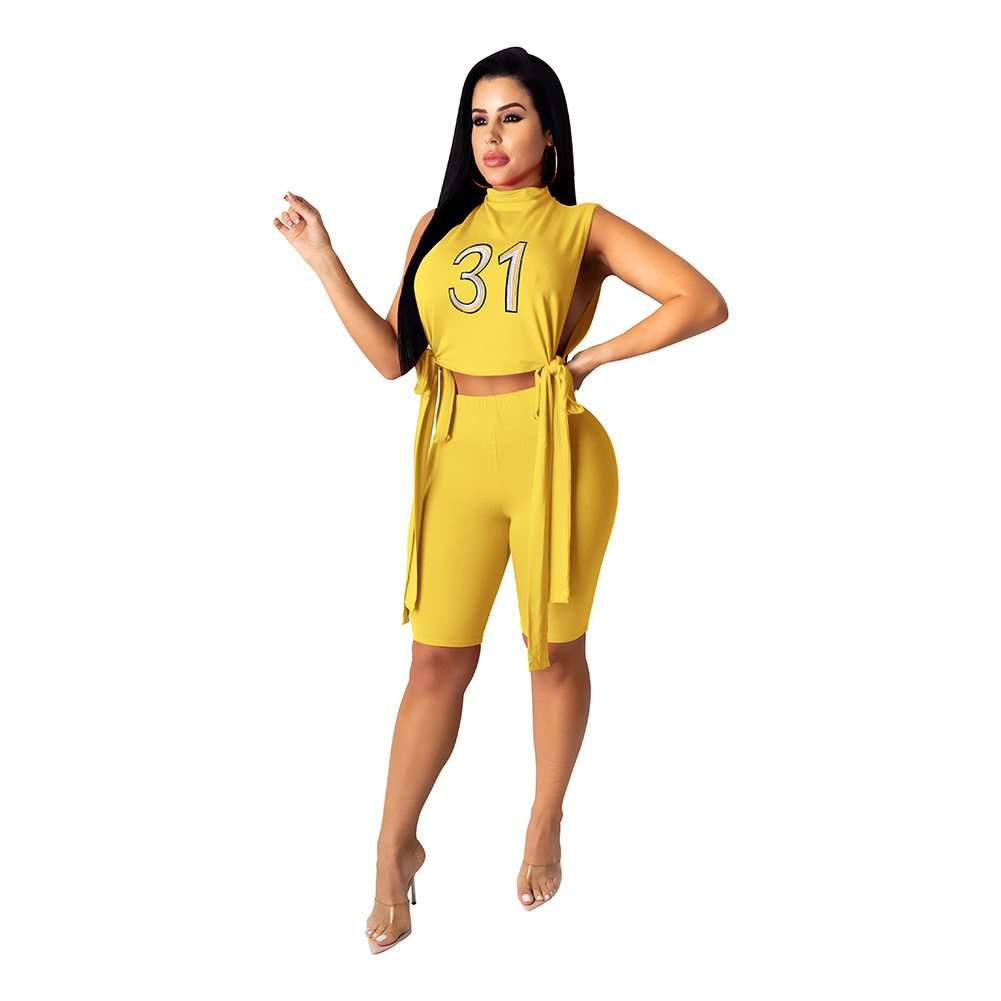 Sporty Chic Crop Top & Biker Shorts Set - M, Yellow image