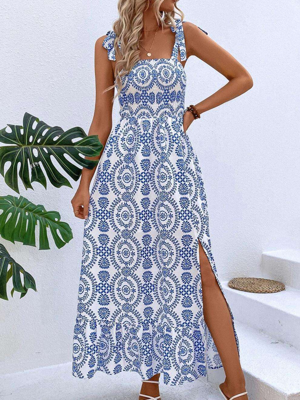 Embroidered Maxi Dress with Side Slit - S, Blue image