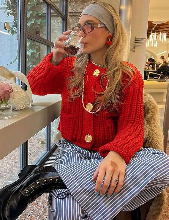 Chunky Knit Cardigan with Gold Buttons - S, Red image