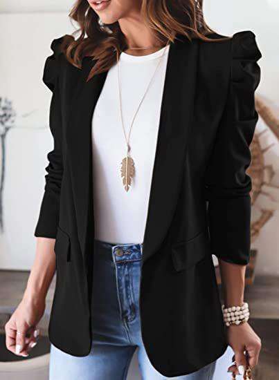 Elegant Blazer Jacket with Puff Shoulder - S, Black image