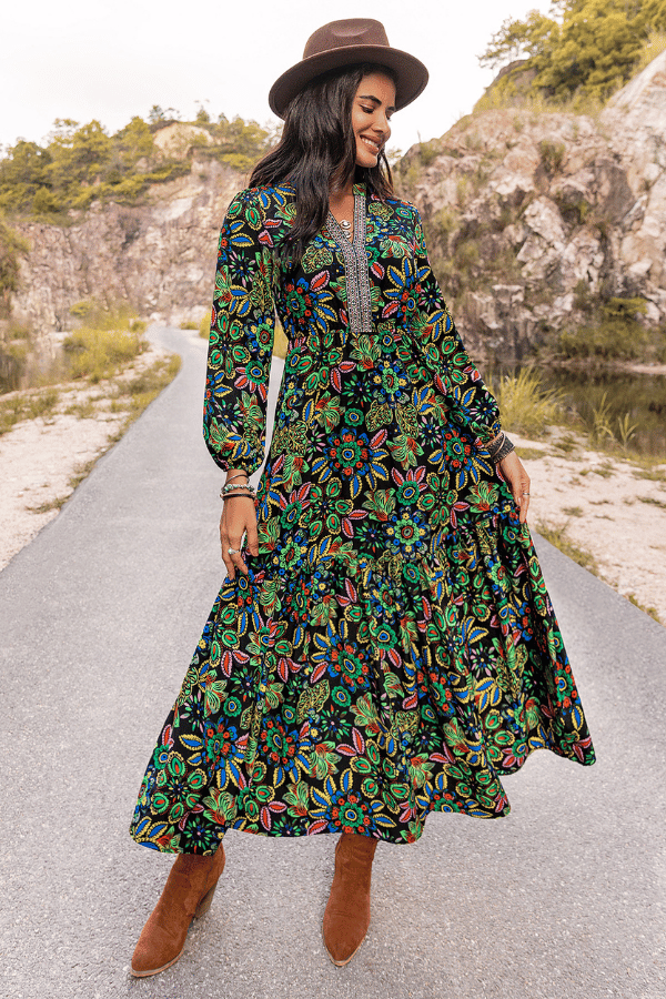 Women's Printed Lantern Sleeve Dress With Plunging V-Neckline image 0