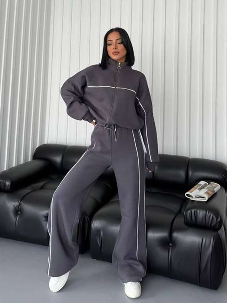 Striped Long Sleeved Zippered Jacket Set - L, Dark Grey image