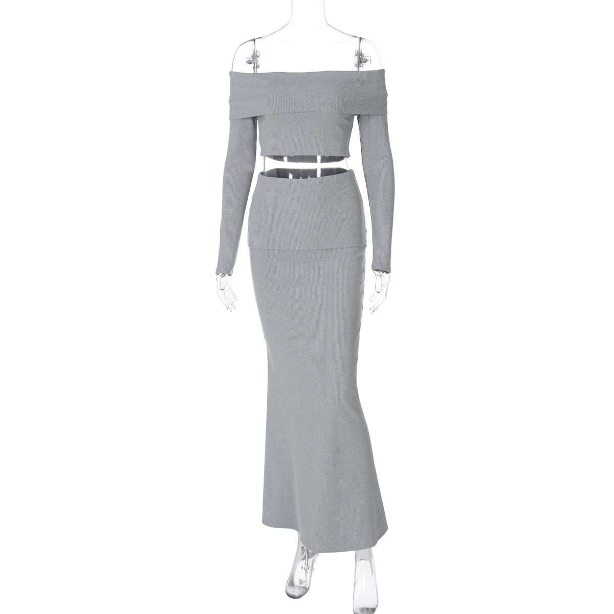 Off-Shoulder Crop Sweater & Long Skirt - M, Grey image