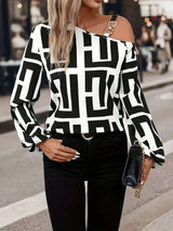 Off Shoulder Geometric Print Lon sleeve Top - Multi Black, S image