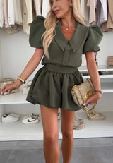 Puff-Sleeve Crop Top and Skirt Set - L, Green image