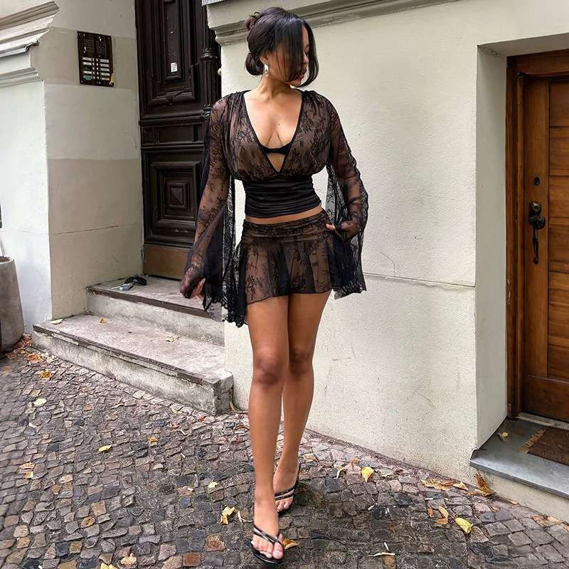 Lace Sheer Cover-Up Set with Matching Skirt - L, Black image