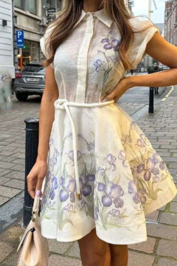 Floral Print Short-Sleeve Shirt Dress - Dark Grey, S image