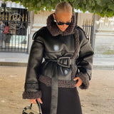 Luxury Fur Splicing Jackets Belt Cropped Coats - L, Black image