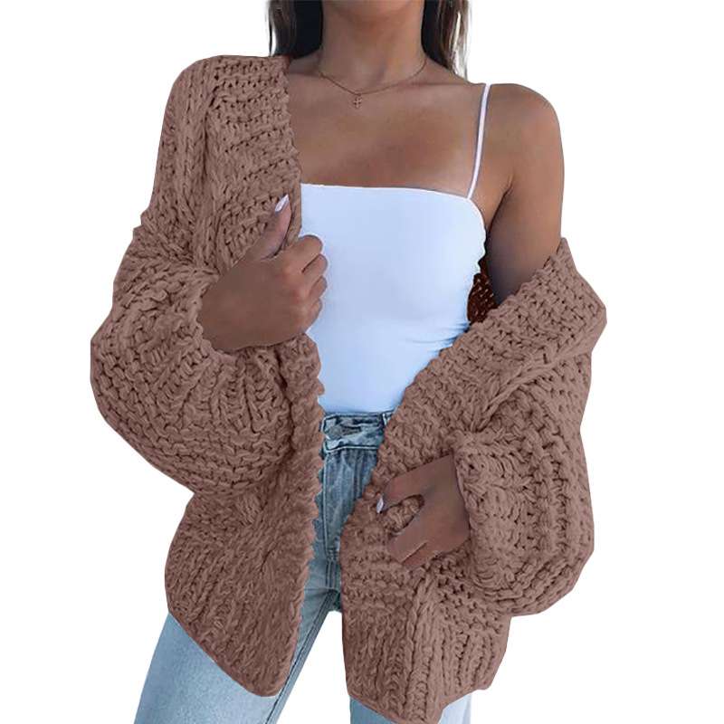 Knit Cardigan Cable Sweater Loose Front - L, Copper Tan Brown image