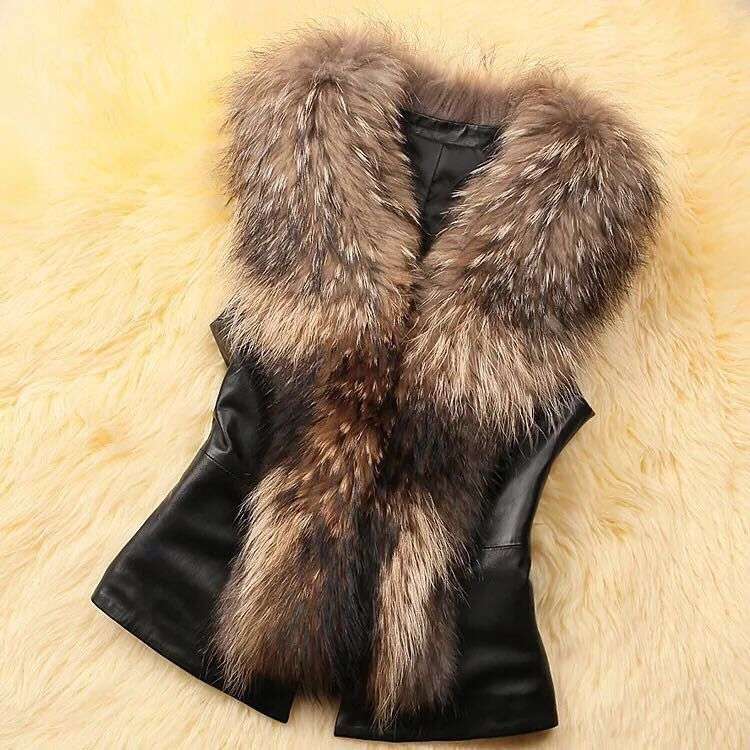 Fur Collar Sleeveless Vest Coat - L, Brown image