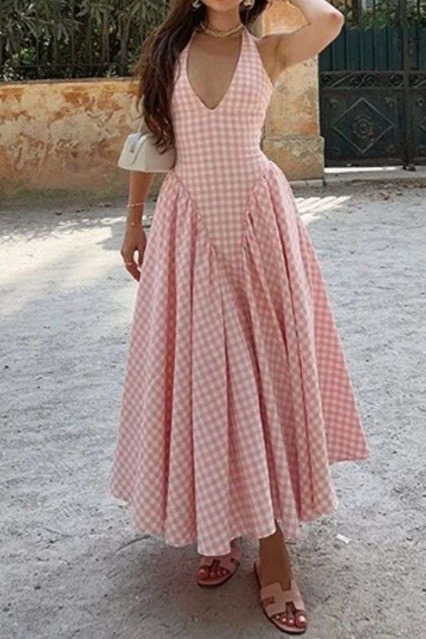 V-Neck Gingham Maxi Dress image 1