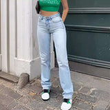 Light Wash High-Waisted Straight-Leg Jeans - L, Blue image